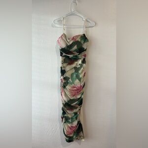 Express Strapless Dress with Pink and Green Floral Design